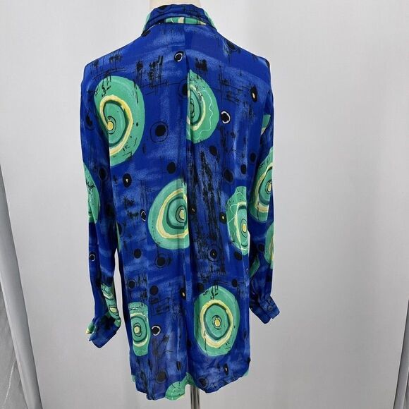 Dadier Parakian womans top S long sleeve button up silky geometric print blue - Picture 2 of 6